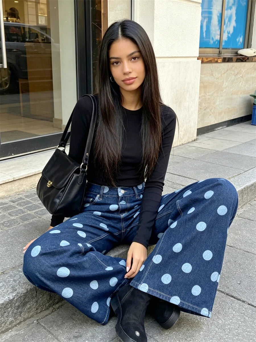 Low Waist Wide Leg Dotted Print Denim Jeans for Women