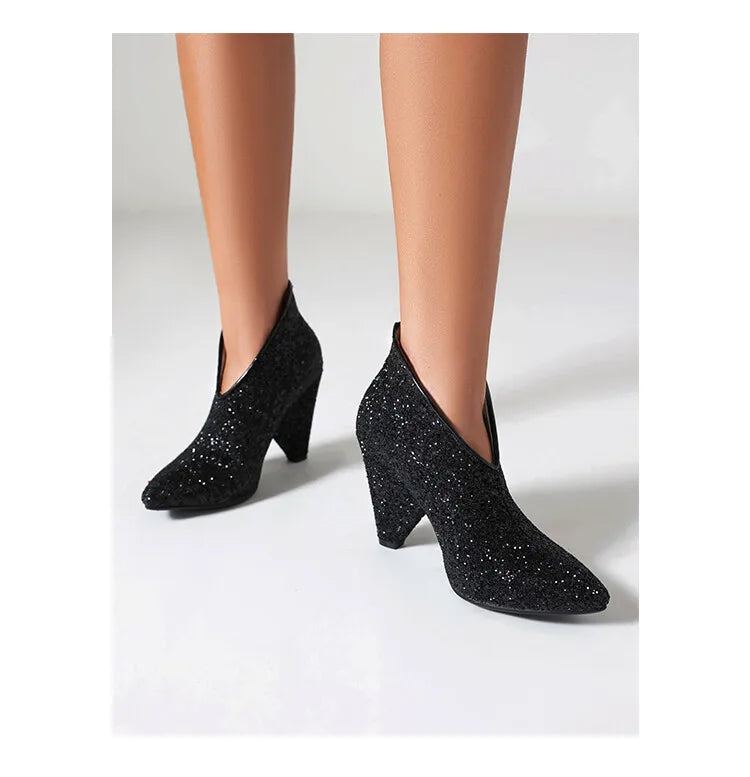 New Blingbling Pointed Toe Women Chunky Spike Heel Sequins Ankle Boots V Open Slip On Spike Heel Pointy Sequined Boots Size 43