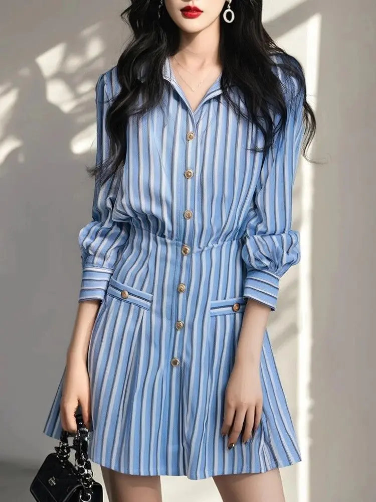 Blue and White Striped Korean Style Dress for Women