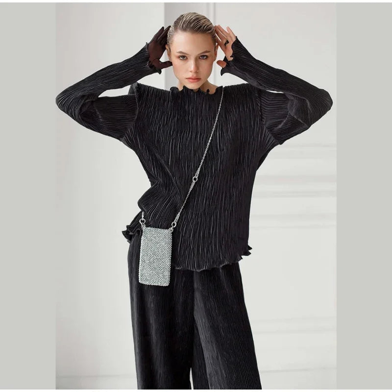 Elegant Velvet Top and Pleated Pants Set for Women