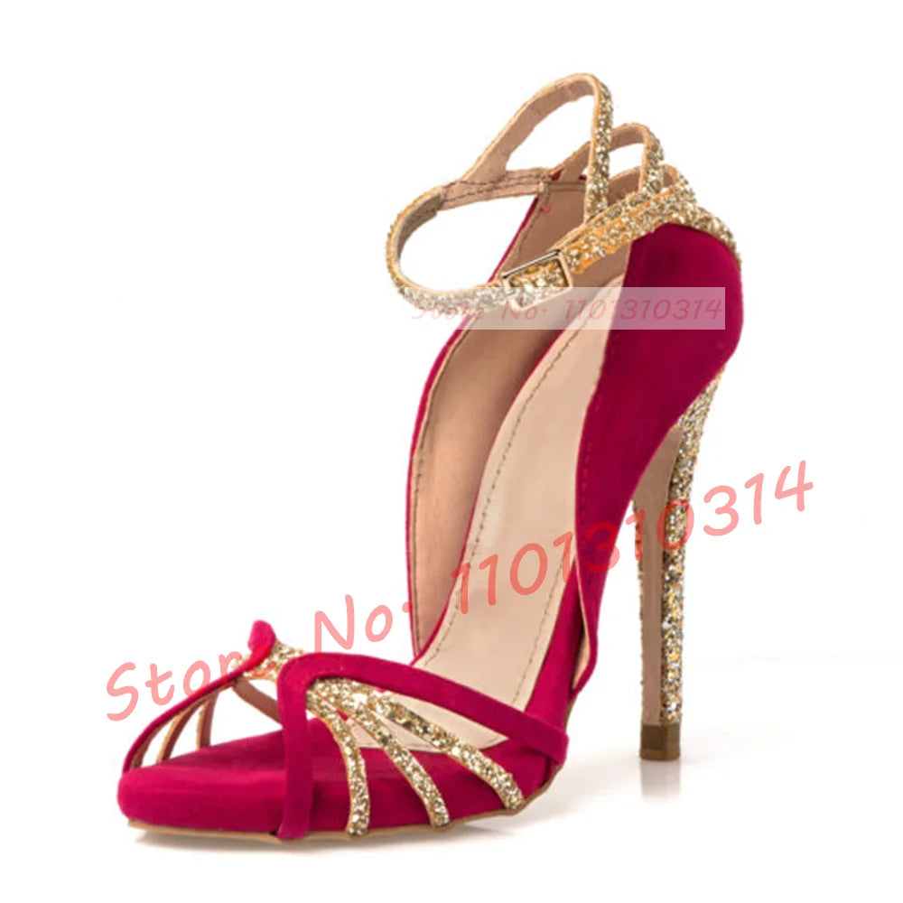 Fuchsia Suede Glitter Cross Strap Sandals for Women