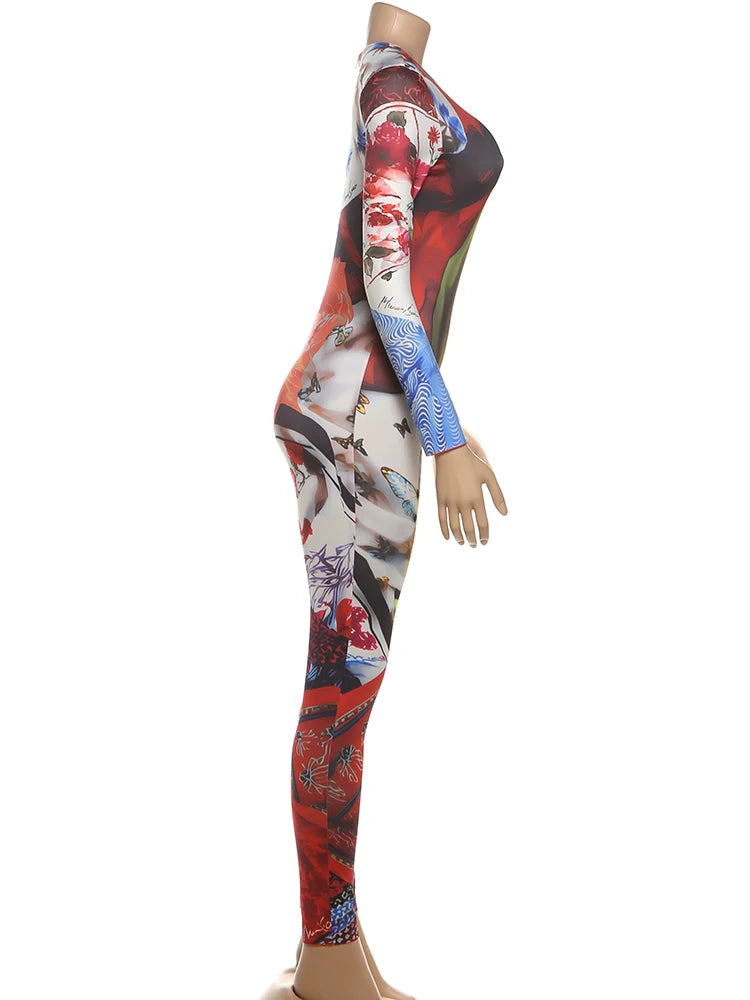 Colorful Patchwork Long Sleeve Jumpsuit Outfit for Women