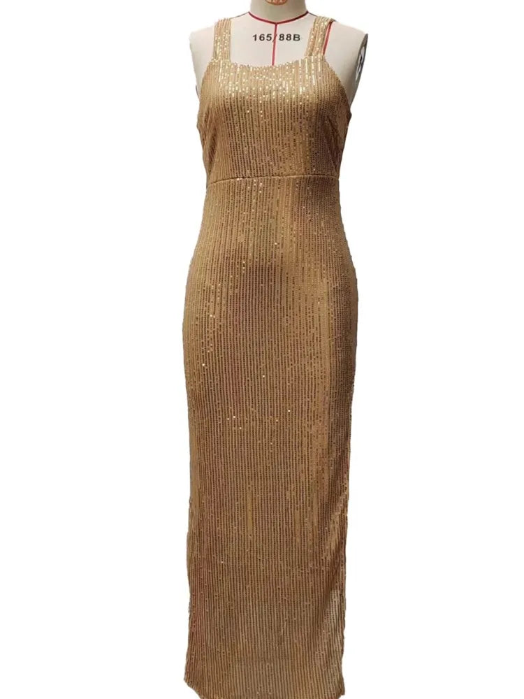 Elegant Sequined Halter Neck High Slit Long Bodycon Dress for Women