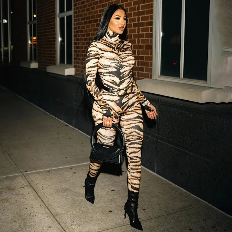 Tiger Print Patchwork Long Sleeve Bodycon Jumpsuit for Women