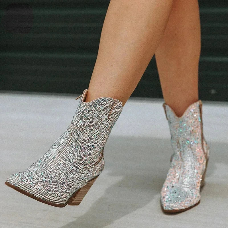 Glitter Western Ankle Boots With High Heels for Women