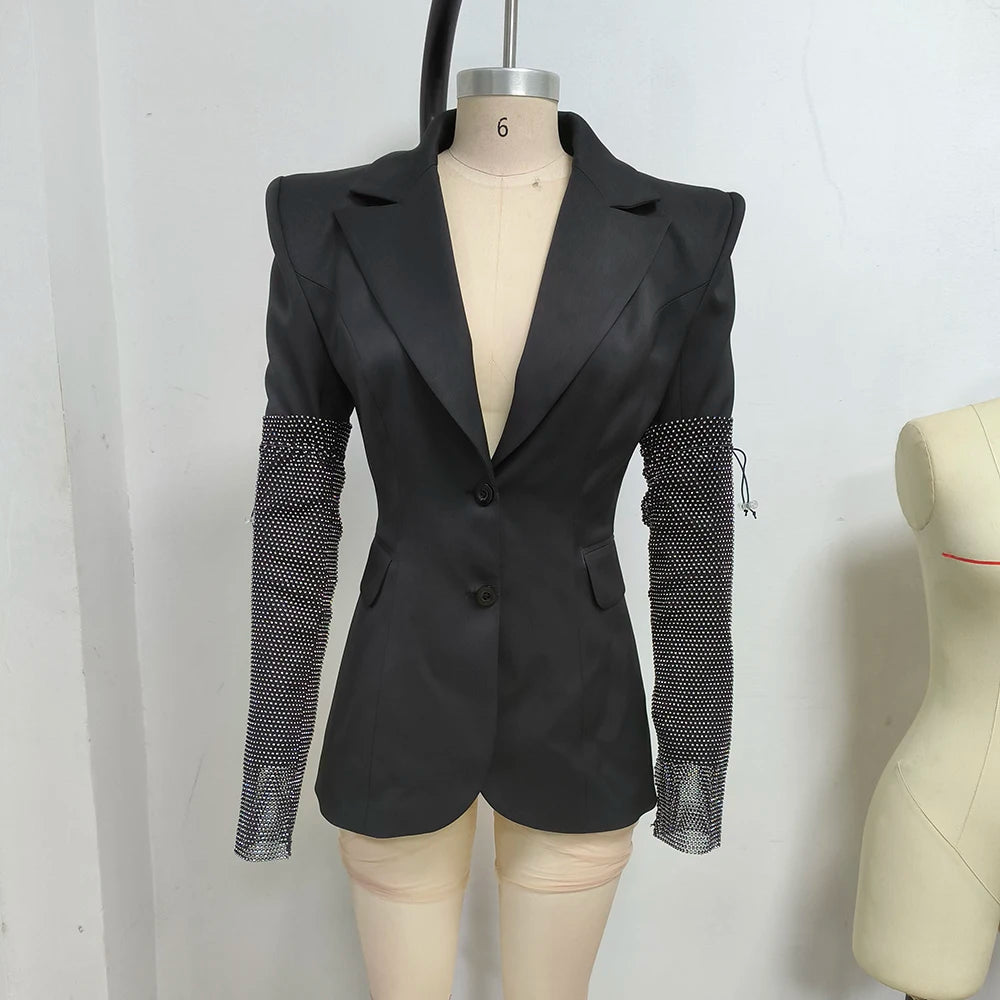 Women Horn-Shoulder Suit Deep V-Neck Slim Mini Skirt Cuff Splicing Single Breasted Sexy Dress Workplace High-Rise Commuter Wear