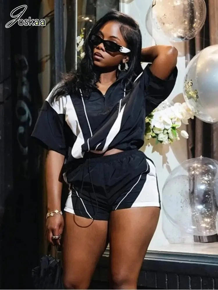 Joskaa 2025 Summer Women's Sporty 2 Piece Set Casual Patchwork Short Sleeve Top and Shorts Matching Tracksuits Y2K Streetwear
