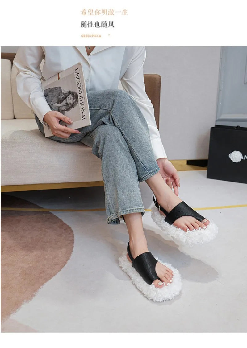 Cozy Plush Buckle Strap Flat Toe Slippers for Women