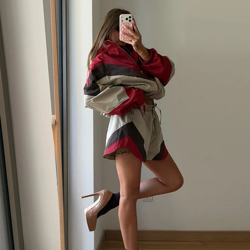 Contrast Color Zip Jacket and Shorts Two Piece Set for Women
