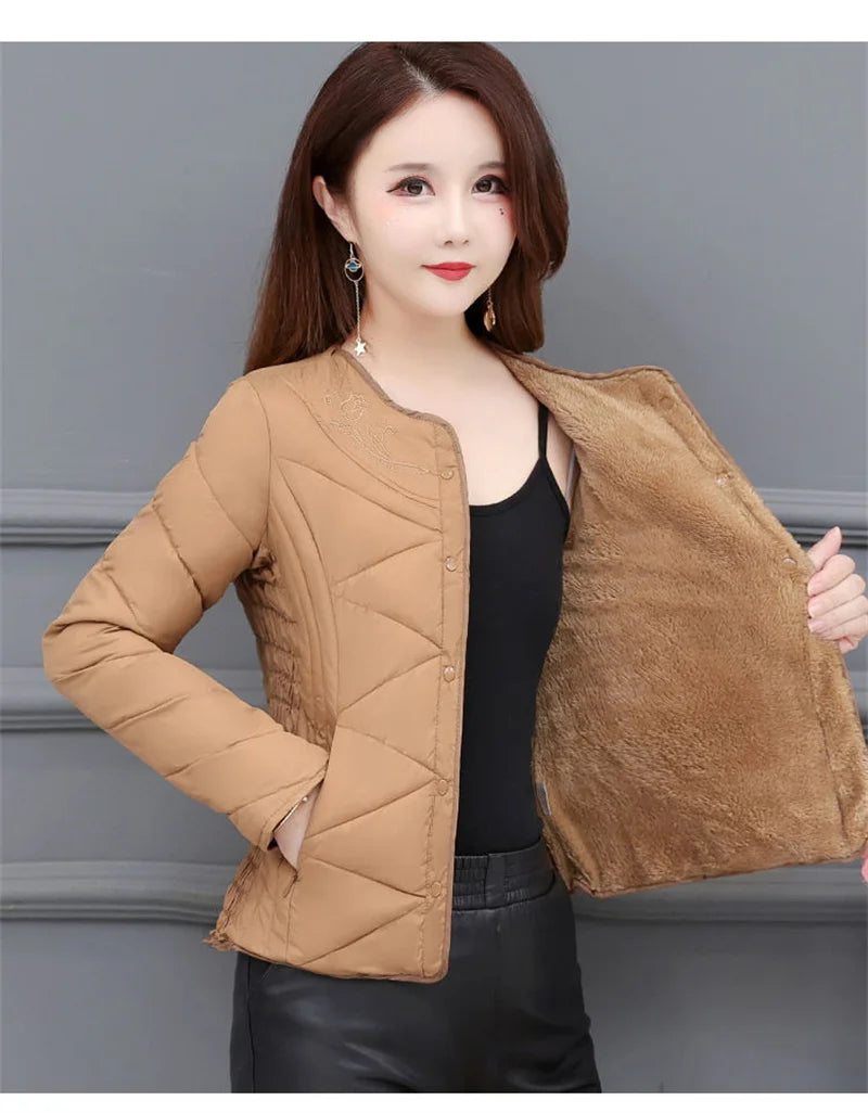 Winter Down Padded Jacket Women's Inner Short Mother's Wear Velvet Thickening Middle-Aged Elderly Mom Wear Pocket Jacket Pink