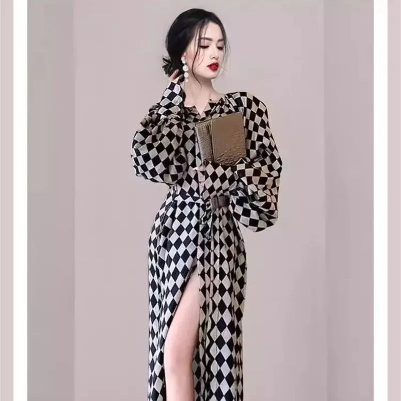 Lace Up Lantern Sleeve Plaid Dress