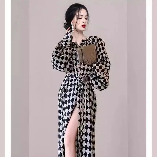 Lace Up Lantern Sleeve Plaid Dress
