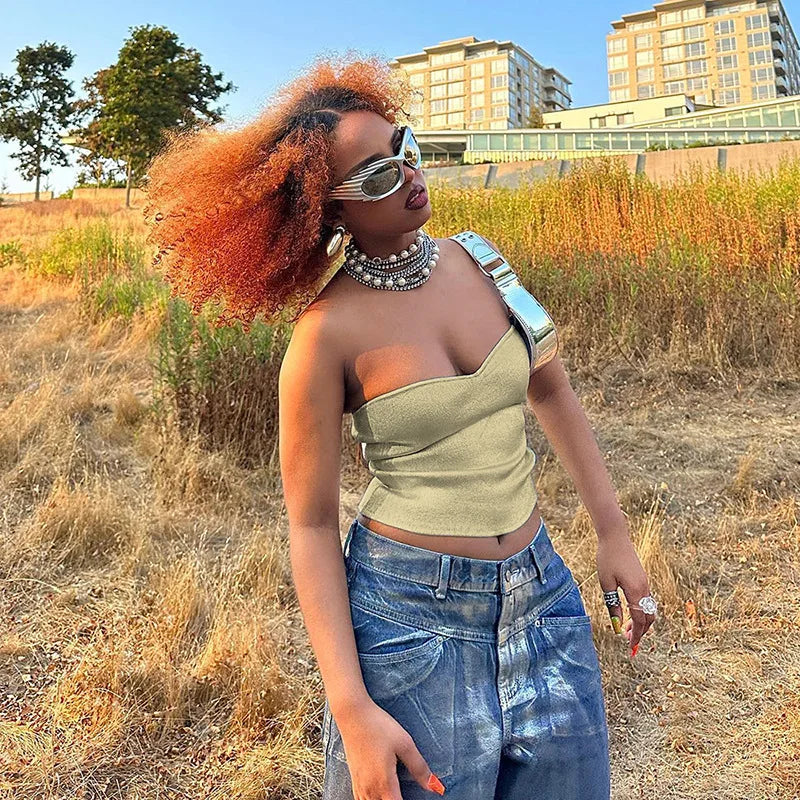 Cryptographic Fashion Vintage Strapless Gold Crop Tops Party Club Outfits for Women Tube Vest Sexy Backless Bustier Tops Y2K