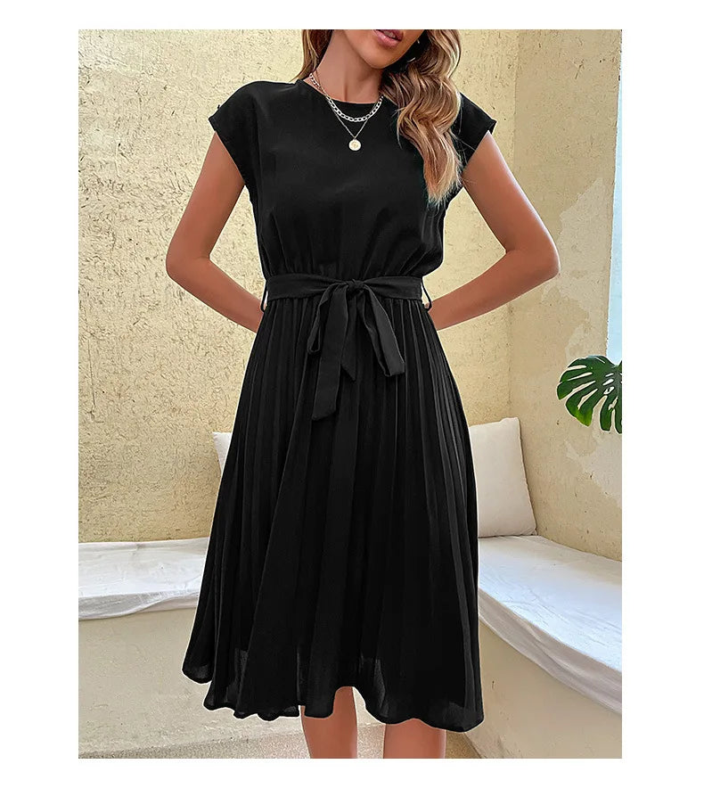 Chic Casual Pleated Short Sleeve Midi Dress for Women