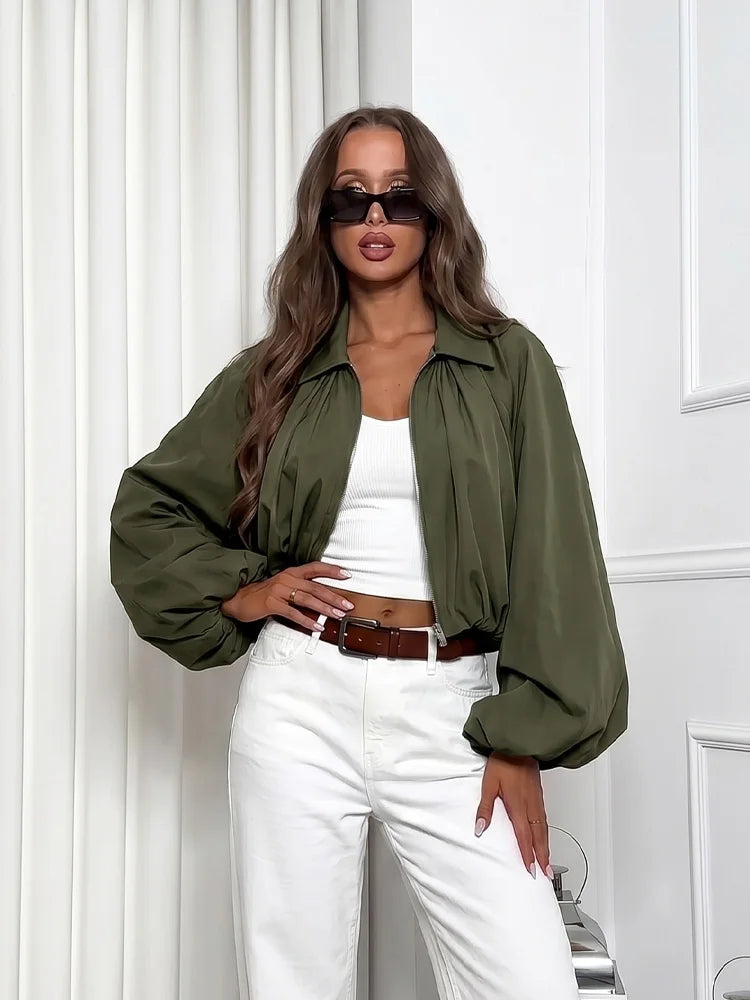 Elegant Solid Bomber Jacket With Puff Sleeves for Women