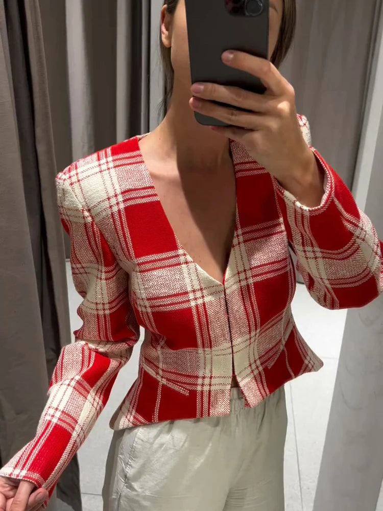 Elegant Plaid Long Sleeve V-Neck Single Breasted Jacket for Women