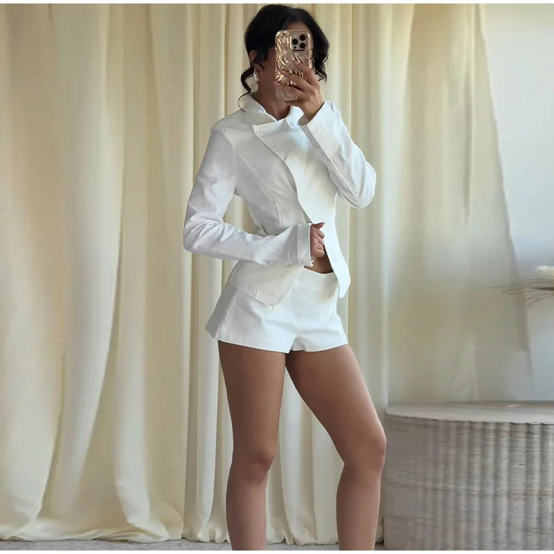 Casual Stand Collar Jacket and Shorts Set for Women