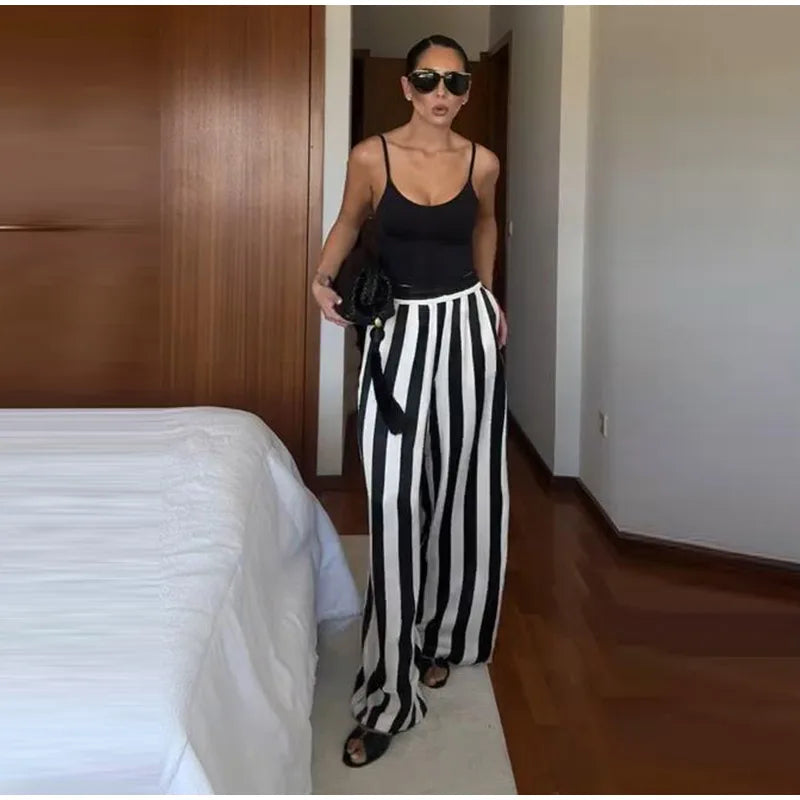 Striped Criss Cross Halter Two Piece Wide Leg Pants Set For Women
