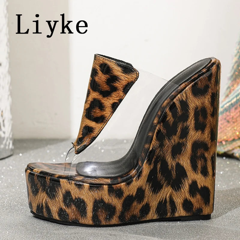 Open Toe Platform Leopard Print Wedge Sandals for Women