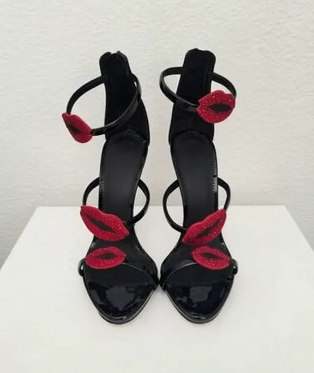 Open Toe Patent Leather Stiletto Sandals With Lip Embellishments for Women