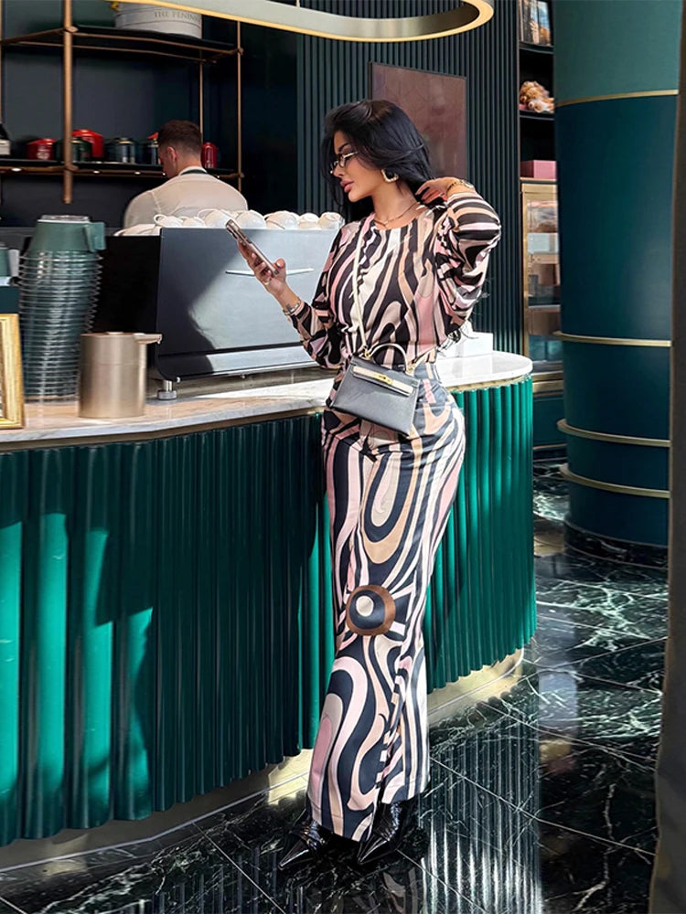 Geometric Print Top pant suits Women two pieces set round neck long sleeve Blouse loose pant Vacation Beach vacation pant outfit