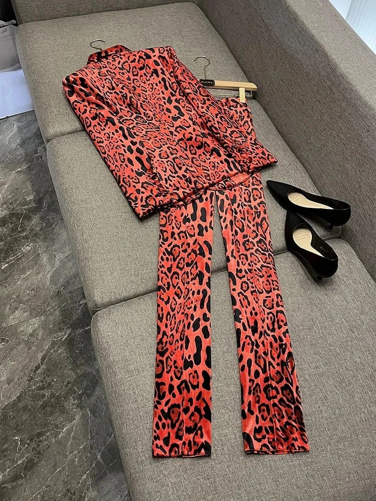 HIGH STREET Newest Fashion 2026 Designer Suit Set Women's Single Button Leopard Printed Velvet Blazer Pencil Pants Suit 2PCS