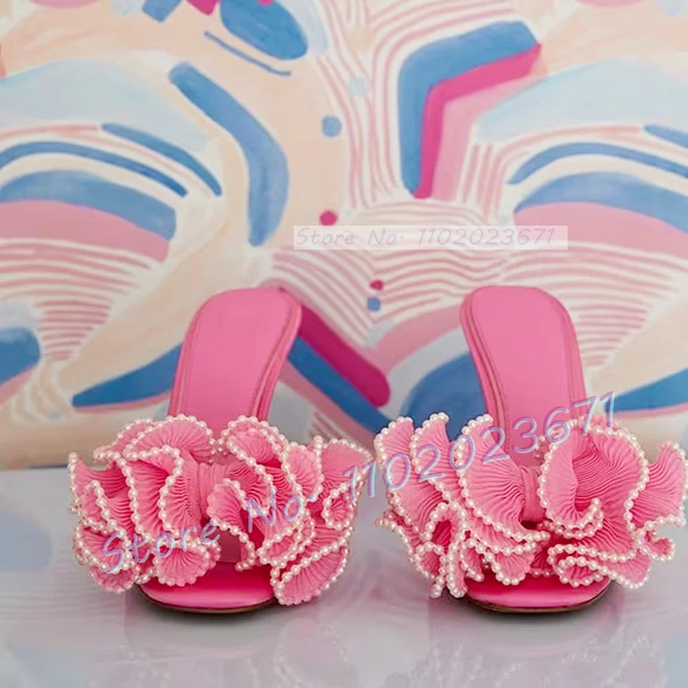 Satin Floral Open Toe Mules With Pearl Trim For Women