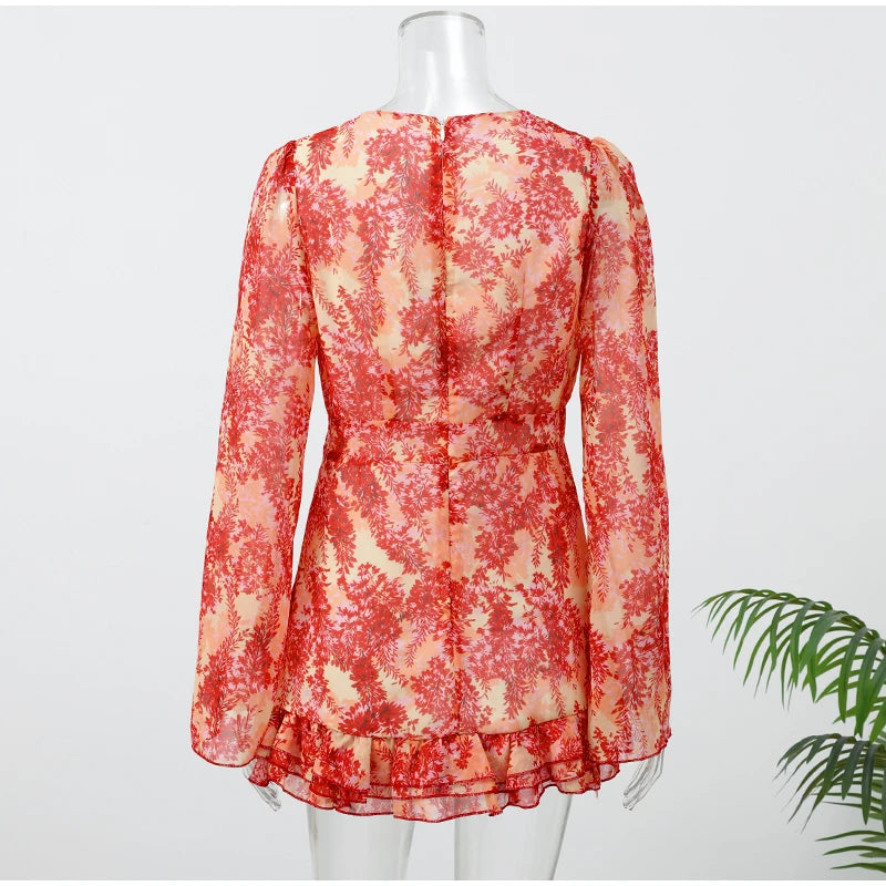 Floral Puff Sleeve Top and Mini Skirt Set for Women