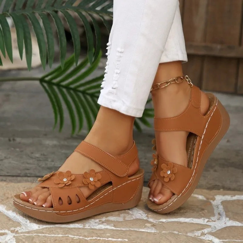 Modern Floral Buckle Wedge Sandals