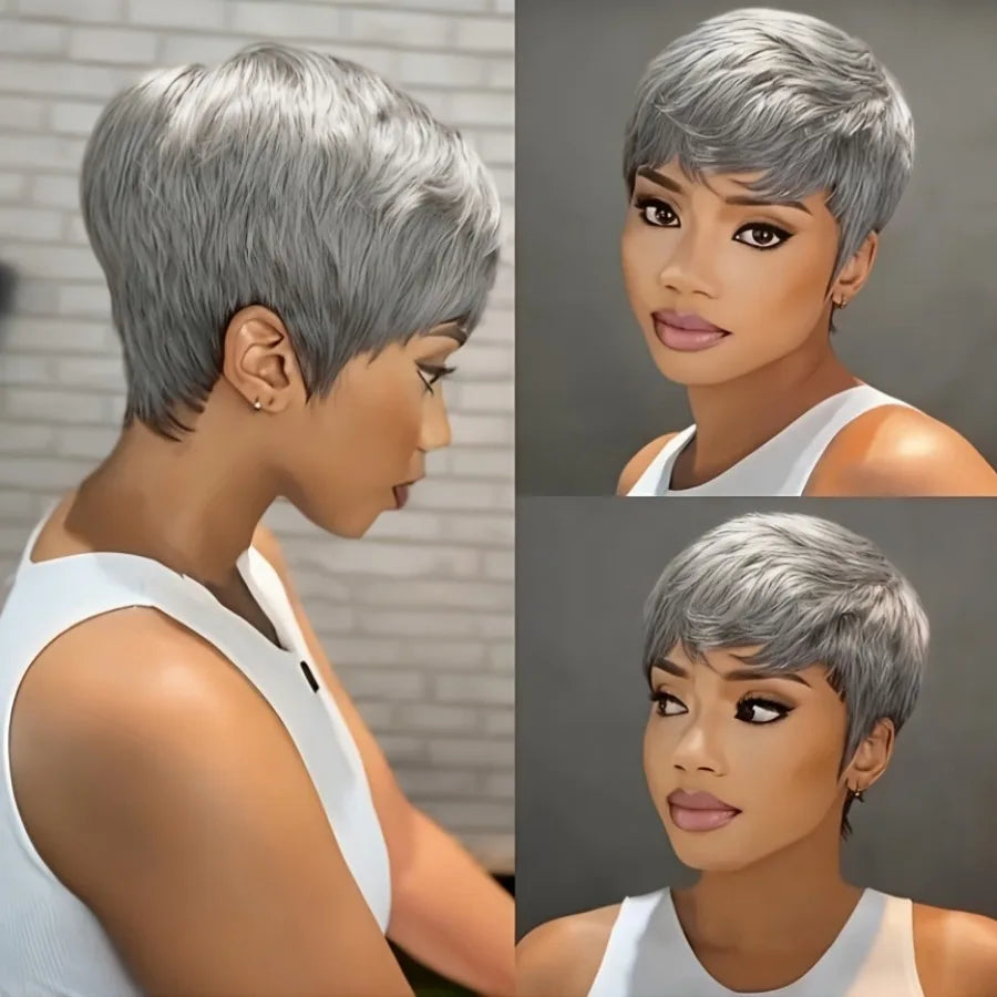 Short Layered Straight Grey Remy Human Hair Pixie Cut Wig For Women