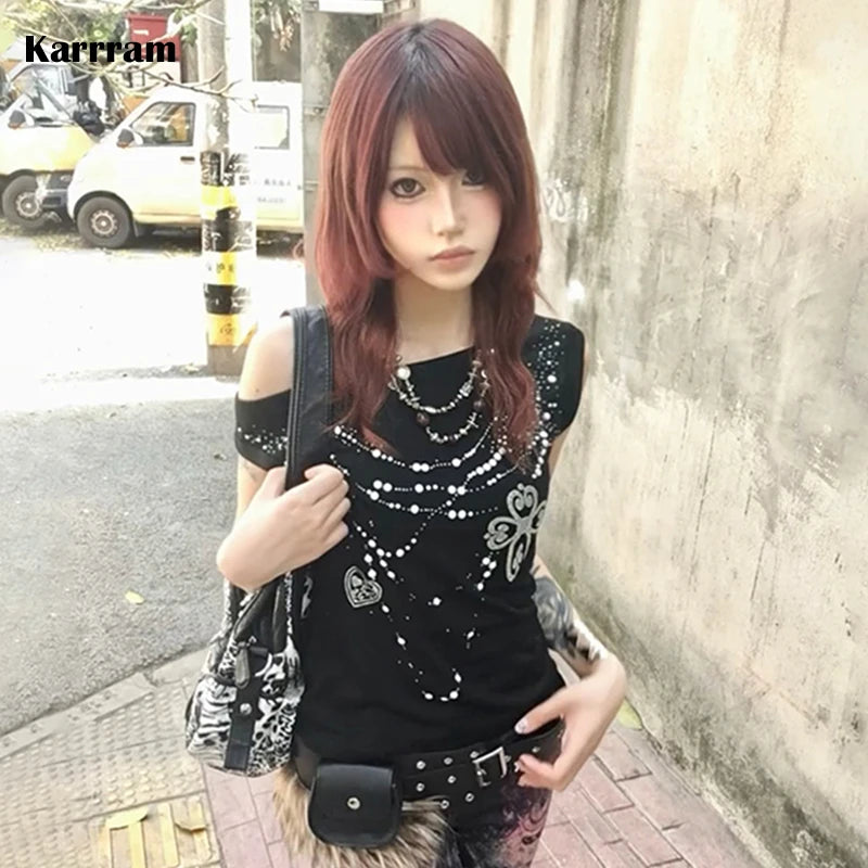 Karrram Japanese Y2k Off Shoulder T-shirt Grunge Aesthetics Rhinestones Print T Shirt Trashy 2000s Style Tops Vintage Harajuku