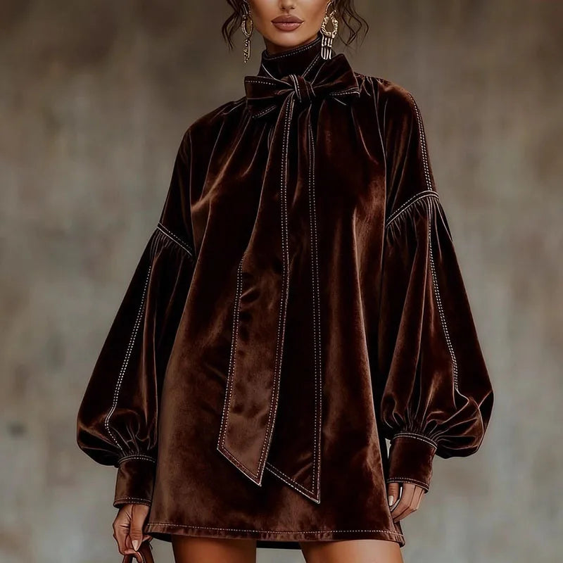 Retro Solid Soft Velvet Elegant Party Dresses Woman Sexy Bowknot Turtleneck Mini Dress Autumn Winter Lantern Sleeve A-Line Dress