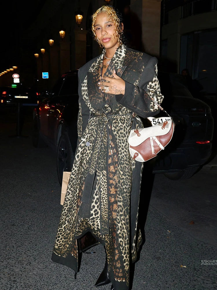 Cutemew Trench Leopard Print Coat Women Hipster Fall Warm Lapel Neck Full Sleeve Coquette Street Adjustable Belt Lady Outwear