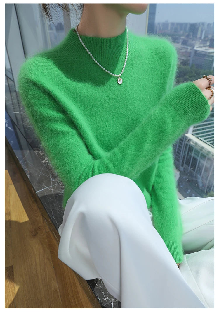 Loose Cashmere Knit Half High Neck Pullover Sweater for Women