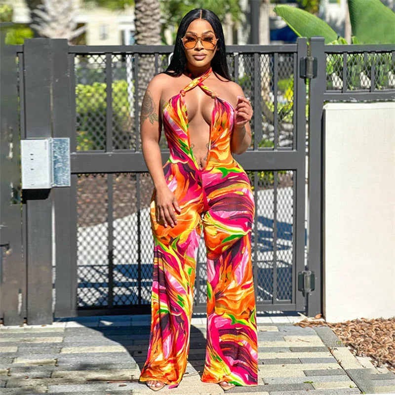 Bohemian Print Halter Neck Backless Wide Leg Jumpsuit for Women