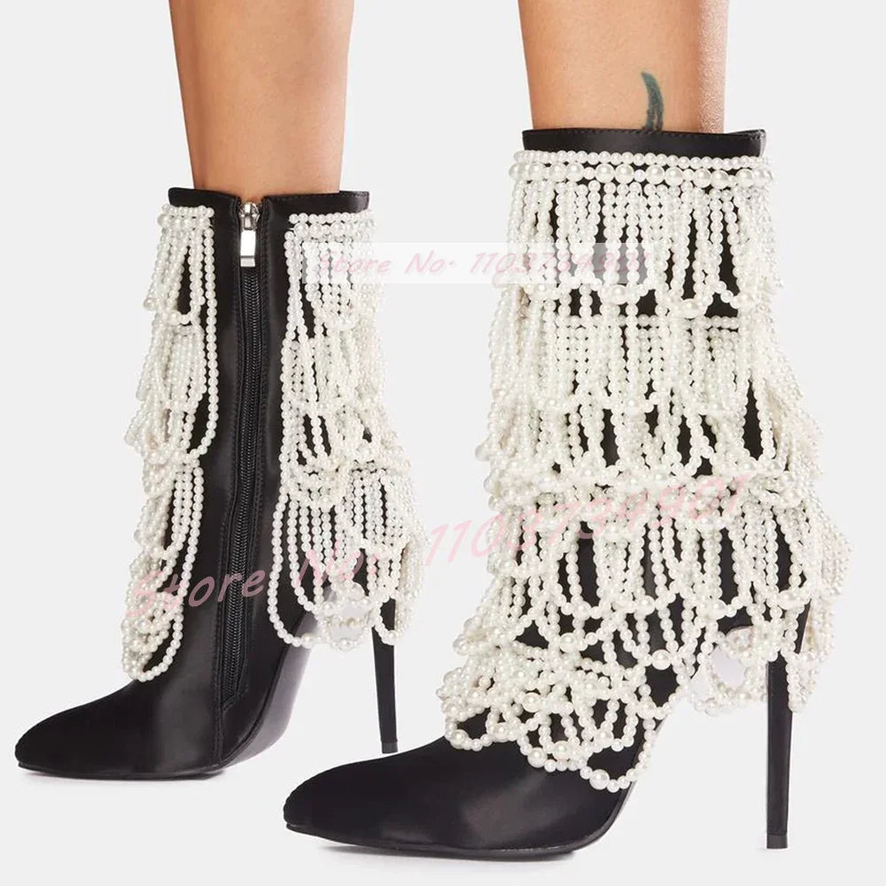 Mid Calf Pointed Toe Zip Satin Pearl Chain Black Boots for Women