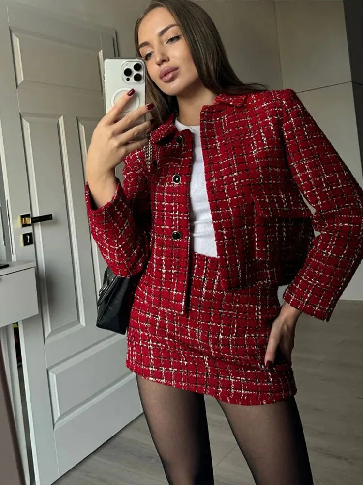 Retro Red Single-Breasted Jacket and Culottes Set for Women