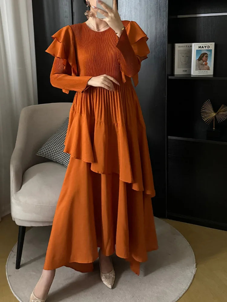 Pleated Tiered Long Sleeve Maxi Dress