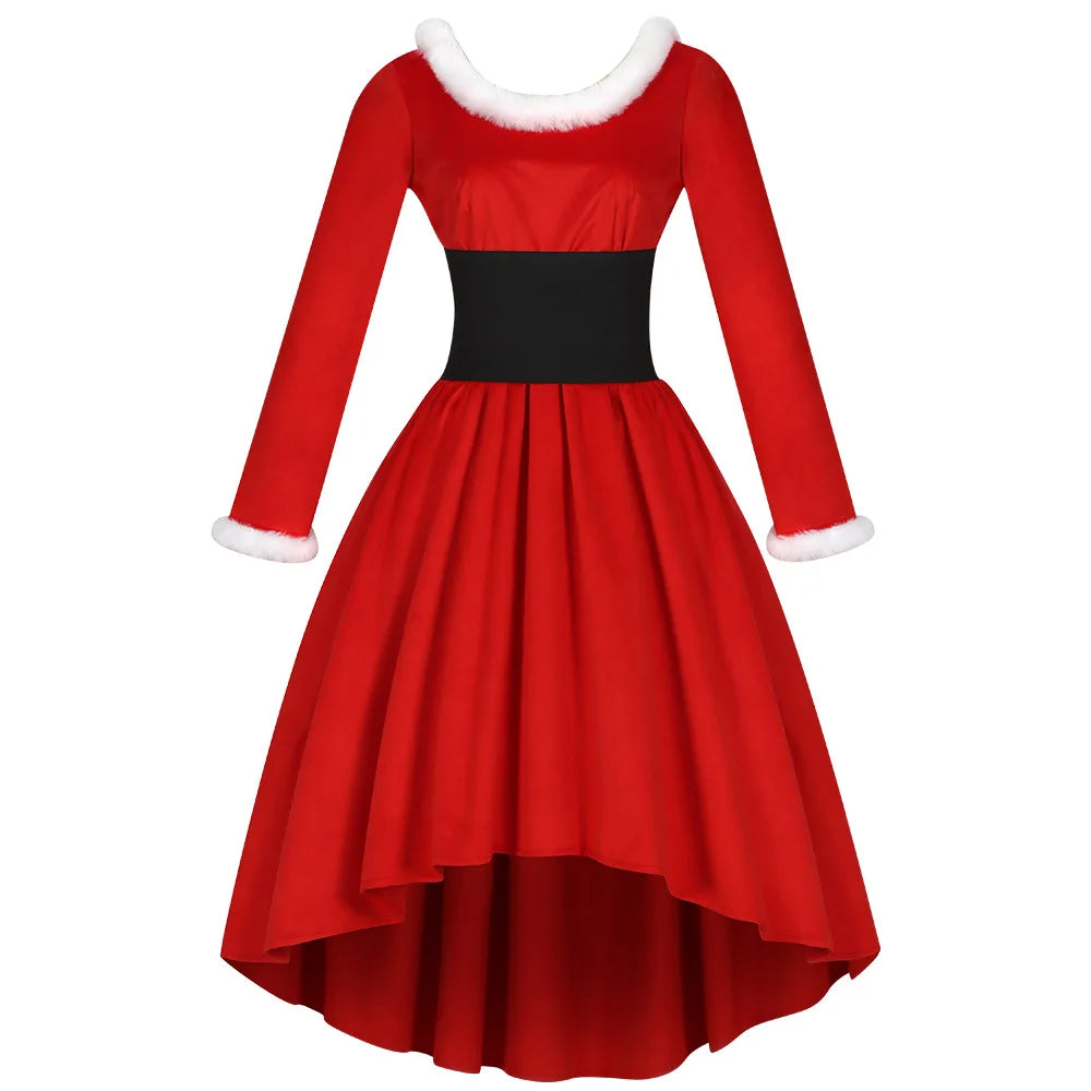 Long Sleeve Red Christmas Santa With Belt Dress for Women