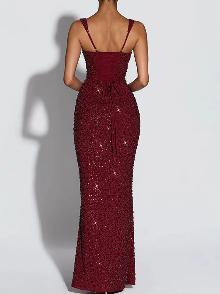Elegant Sequined Backless Sleeveless Maxi Party Dress for Women