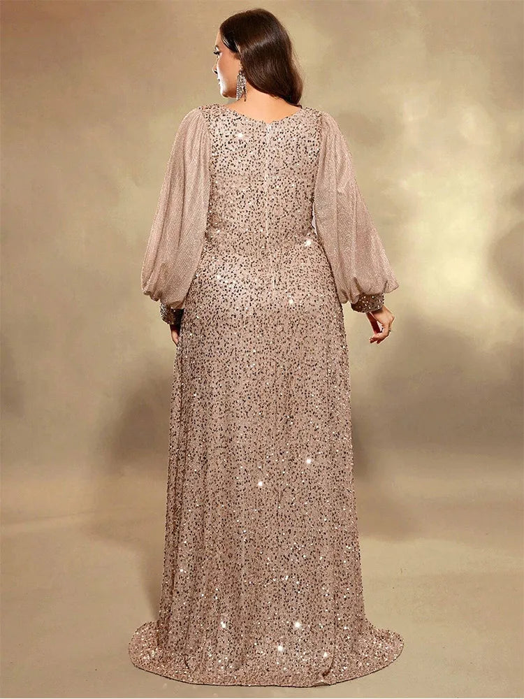 Plus Size V Neck Sequin Evening Dress
