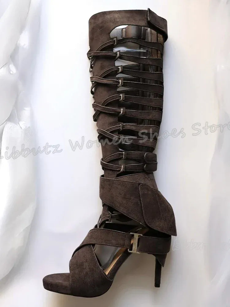 Cross Strap Suede Knee High Boots