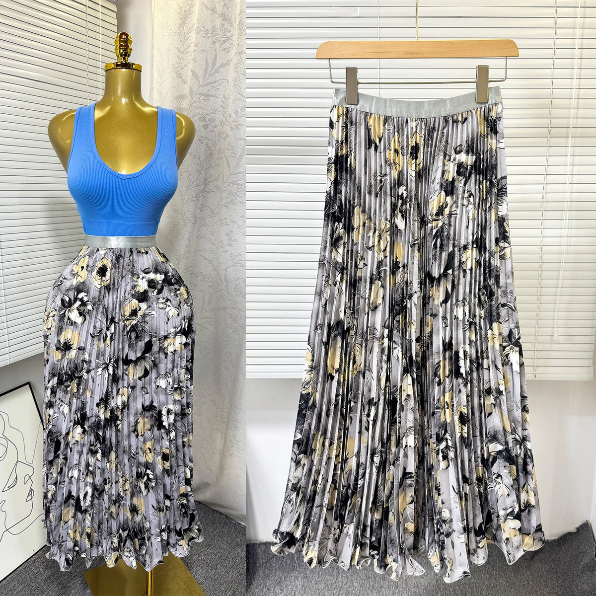 Floral Ruffle A Line Midi Skirt with Elastic Waist for Women