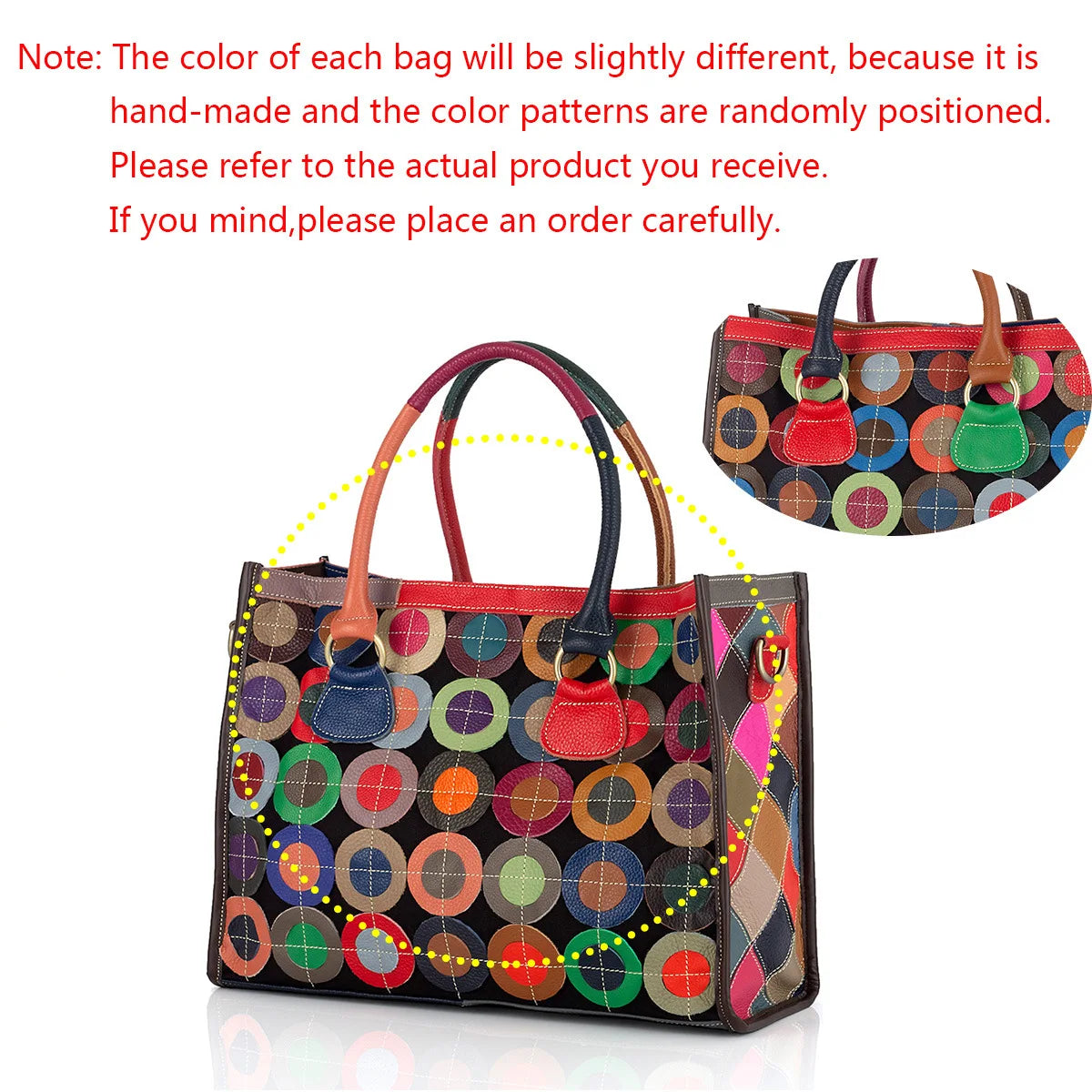 Genuine leather women's bag, ethnic style color contrasting design, large capacity tote bag, women's handbag
