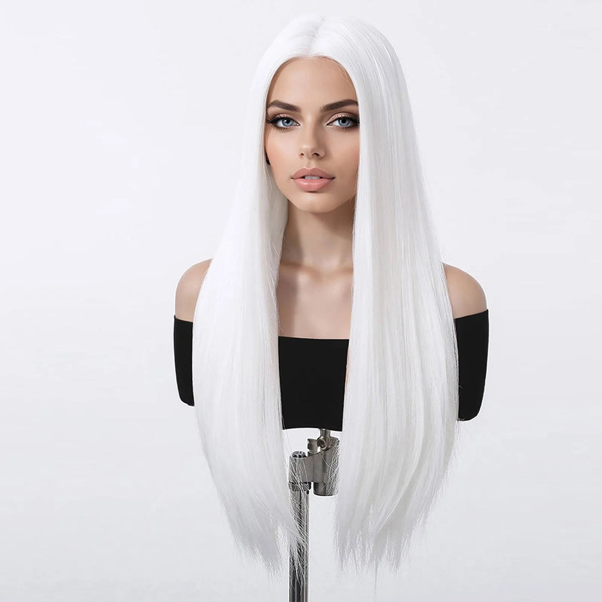 Long Straight White Synthetic Wig With Center Part for Women