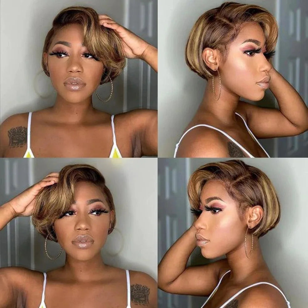 Highlight Straight Pixie Cut Lace Front Human Hair Bob Wig for Women