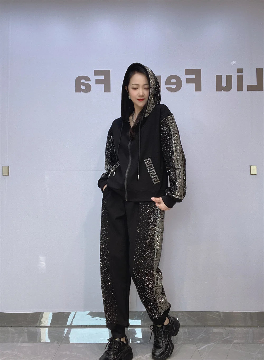 Fashion Diamonds Side Two Piece Sets Womens Outifits Casual Zipper Cardigan Autumn Tracksuit Hooded Tops and Long Pants Suits