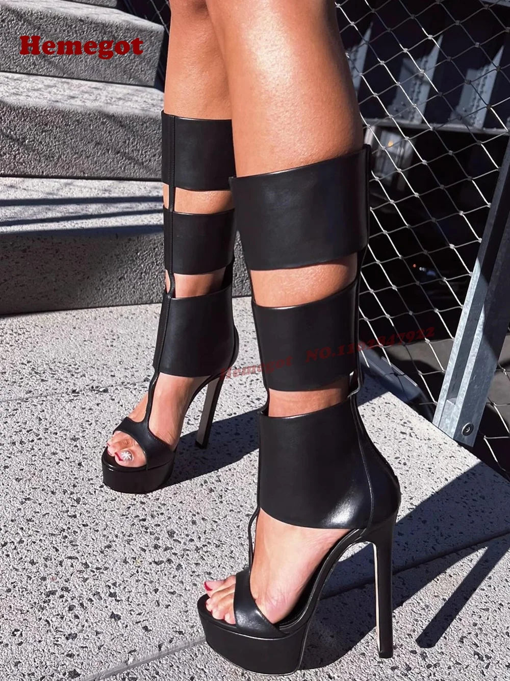 Black T Strap Gladiator Sandals Peep Toe Platform for Women