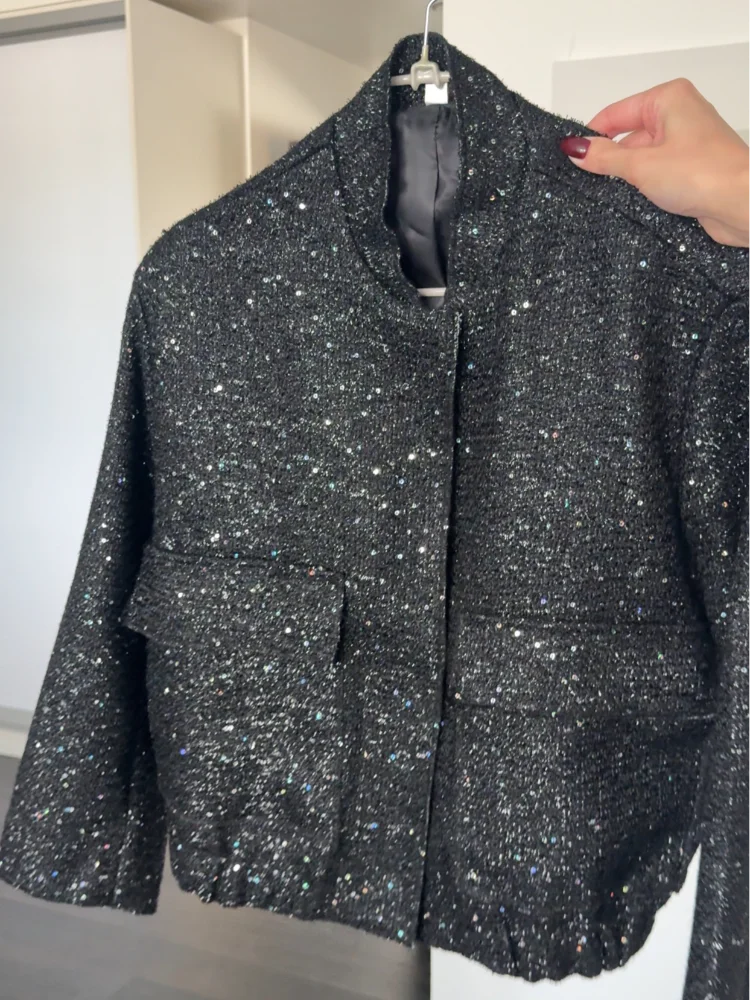 Suninheart Women's Sequined Bomber Jacket Fall O Neck Long Sleeve Pocket Stretch Hem Sequins Jacket Coat Female Chic Outerwear