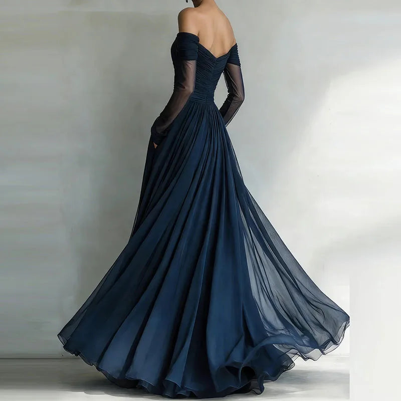 Women's Elegant Mesh Splicing Draped Long Dress Casual Long Sleeve Solid Maxi Dress Sexy Off Shoulder Waist Formal Party Dress